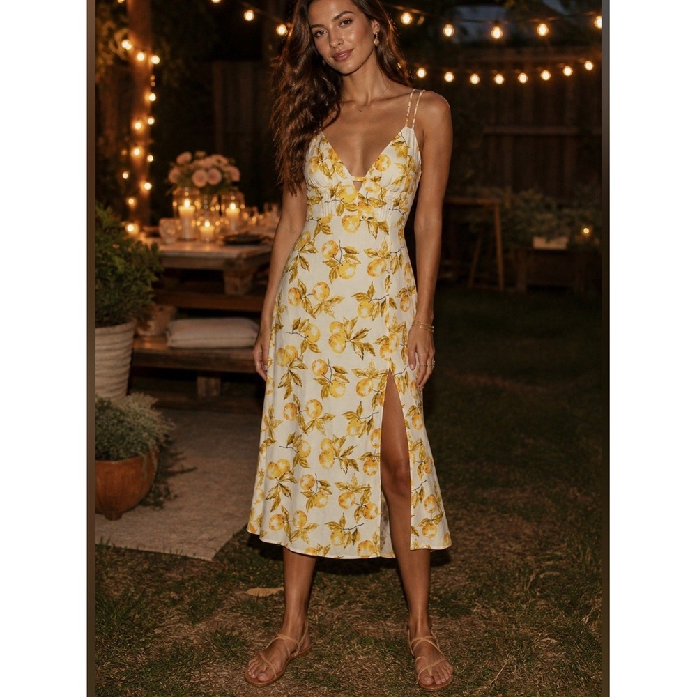 Urban Outfitters Lemon Print Midi Dress Medium Yellow Fruit Linen‎ Blend Slit